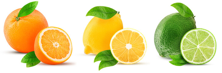 Fresh orange, lemon, lime one cut in half, with leaf