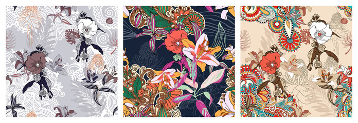 set of original trendy seamless artistic flower pattern, beautiful tropical floral exotic background - 321112721