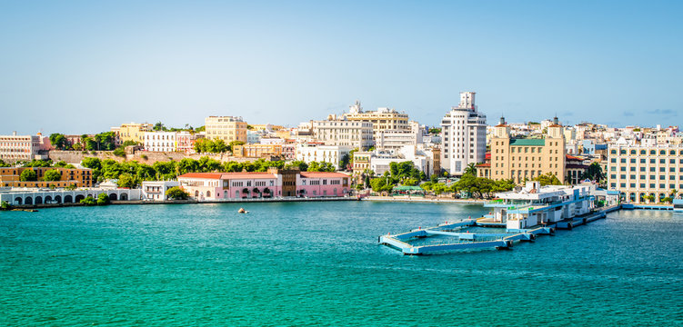 Port and skyline of San Juan, Puerto Rico. Panoramic landscape view.