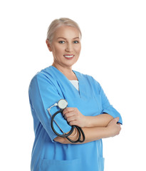 Portrait of mature doctor with stethoscope on white background