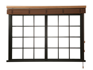 Modern window with open brown blinds on white background