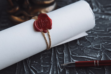 Notary's public pen and stamp on testament and last will. Notary public tools
