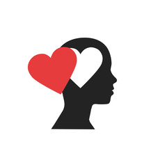 Woman head silhouette with heart inside, isolated on white background. Love, creativity, intelligence and emotion concept. Flat design. Vector illustration.