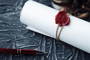Notary's public pen and stamp on testament and last will. Notary public tools