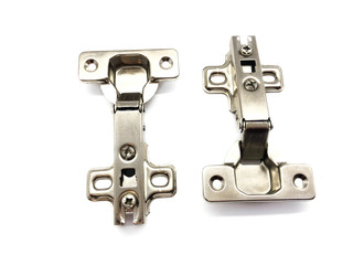 Obraz premium Hinges isolated on a white background. Composition loop for construction. Hinges for doors, furniture. Set of metal loops. Metal hinges. 