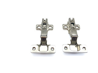 Hinges isolated on a white background. Composition loop for construction. Hinges for doors, furniture. Set of metal loops. Metal hinges.  