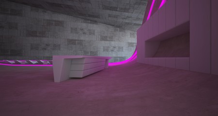 Abstract architectural concrete interior of a minimalist house with colored neon lighting. 3D illustration and rendering.