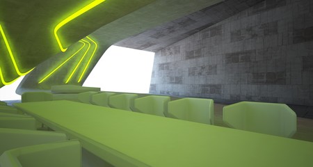 Abstract architectural concrete interior of a minimalist house with colored neon lighting. 3D illustration and rendering.