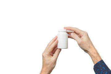 Mock up layout. Hands hold plastic container for pills. Advertising printable template  with white background.