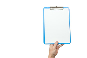 Plastic tablet with white sheet of paper in the hand. Mock up template for presentations.