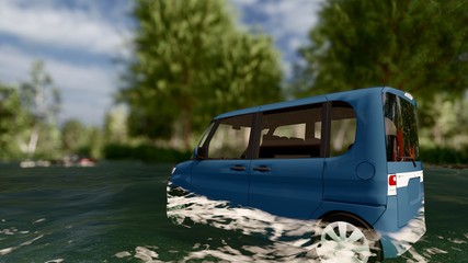 cars driving on a flooded road during a flood caused by heavy rain 3d rendering