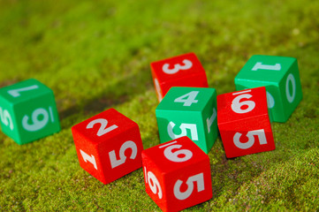 Bright colored bricks greenish background. Numeral cubes with numbers