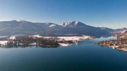 Wolfgangsee Lake in Austria, aerial view. High angle view of lakes and Alps mountains 