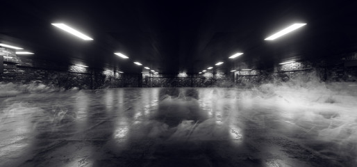 Sci Fi Modern Fog Steam Smoke Dark Brick parking Garage Showroom Tunnel Corridor Concrete Cement Empty Night Underground Car Studio 3D Rendering