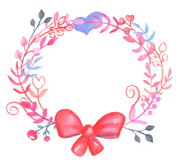 Romantic floral wreath with bow on white background. Pink blue leafy wreath for Valentine Day card design.