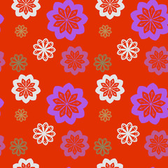 Seamless repeat pattern with lilac, bronze flowers on red white background. drawn fabric, gift wrap, wall art design, wrapping paper, background, fabric print, web page backdrop.