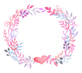 Watercolor floral wreath with heart on white background. Pink blue leafy wreath for Valentine Day card. Vintage floral decor isolated.