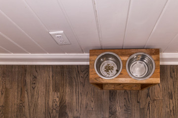 empty dog cat pet bowl set bowls in a modern house on a hardwood floor with s white paneled wood wall