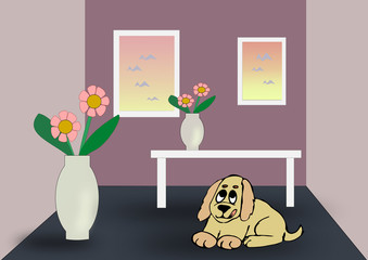 Violet room with vases with pink flowers, a white table, two windows, and a brown dog.