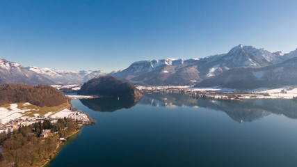 Obraz premium Wolfgangsee Lake in Austria, aerial view. High angle view of lakes and Alps mountains 