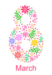 Vector illustrations of 8 march card with flowers and branches