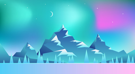 Vector abstract background. Northern Lights. Landscape in minimalistic concept. Sky with color gradient fill. Graphic design element for games, web pages, banners. UI design. 