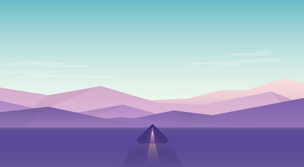 Camping in the tent in nature. Vector modern flat landscape, light inside and long shadow. Illustration with sunset view in purple, green, violet and pink colors. Flat design.