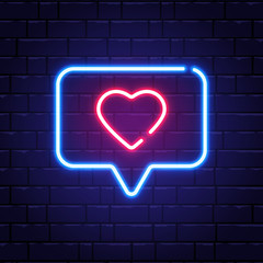 Heart neon sign. Neon like in speech bubble on brick wall. Romantic light banner. Bright night neon signboard. Romantic design for Valentines Day. Vector illustration