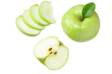green apples with slices isolated on white background. top view