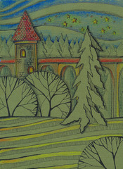 Tower with arcade in the forest at starry night. Hand drawn image.