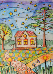 Obraz premium Summer night in village. Small country house in the garden. Beautiful landscape with trees and starry sky. Drawing by colored pencils.