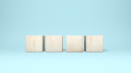 Wooden cubes isolated on blue background. 3d illustration. Multiple objects.
