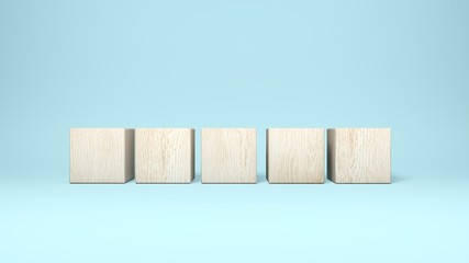 Wooden cubes isolated on blue background. 3d illustration. Multiple objects.