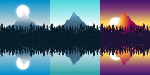 Mountain reflected in the lake at different times of the day, sunset, sunrise, full moon. Vector banners set with polygonal landscape illustration. Flat design