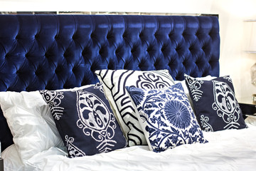 bed in blue and white