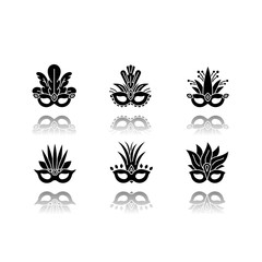 Masquerade masks drop shadow black glyph icons set. Traditional headwear with plumage. Ethnic festival. Brazilian national holiday. Isolated vector illustrations on white space