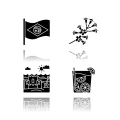 Brazil drop shadow black glyph icons set. National flag. Plumeria. Caipirinha. Sand castle on the coast. Ipê tree. Traditional cocktail. Ocean beach. Isolated vector illustrations on white space