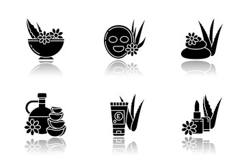 Aloe vera drop shadow black glyph icons set. Cosmetology. Spa treatment. Facial mask. Natural cosmetic for moisturizing. Herbal oil. Skincare products. Isolated vector illustrations on white space