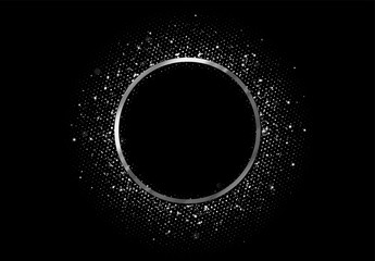 Round Frame with silver glitter by border. Realistic Holiday decoration. Black background. Vector illustration