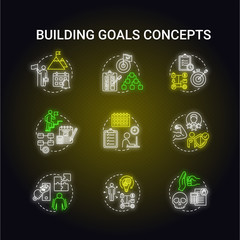 Building goals neon light concept icons set. Capitalizae on opportunity. Setting target to achieve. Improving performance. Self-development idea. Glowing vector isolated RGB color illustration