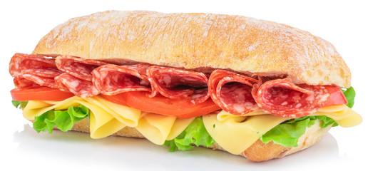 Ciabatta sandwich with lettuce, tomatoes prosciutto and cheese isolated on white background