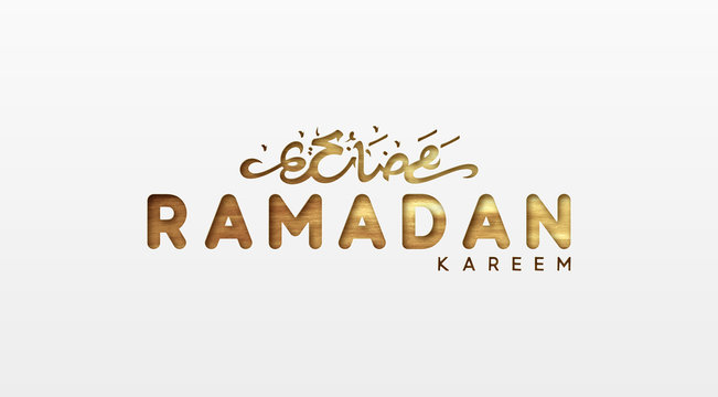 Ramadan Kareem. Text Arabic calligraphy of gold color, Translation by Ramadan Kareem. Traditional Islamic holy holiday. Vector illustration