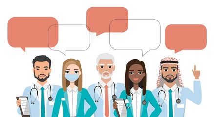 Group of doctors, nurses and medical staff people. Different nationalities. Hospital medical team concept. People character set in various poses with speach bubbles