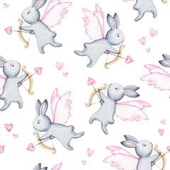 Cute watercolor seamless pattern. Wallpaper with fantasy cupid bunneis cartoon animals with hearts on white background. Hand drawn vintage texture. For textile, print.