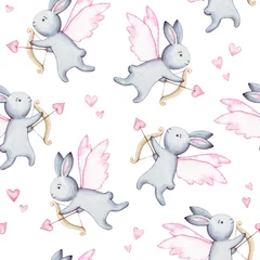Wallpaper murals Rabbit Cute watercolor seamless pattern. Wallpaper with fantasy cupid bunneis cartoon animals with hearts on white background. Hand drawn vintage texture. For textile, print.