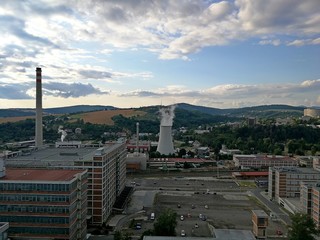 Zlin town, view of Zlin factory Svit and cooling tower