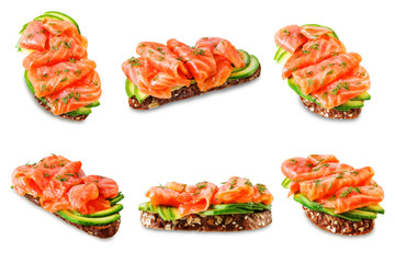 Smoked salmon avocado rye sandwich on a white isolated background