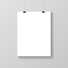 Realistic hanging blank poster template mockup, vector illustration
