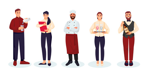 Restaurant staff team. Vector illustration. Waiters, chef, bartender and sommelier people cartoon characters set. - obrazy, fototapety, plakaty