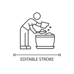 Putting soil into flower pot pixel perfect linear icon. Planting, preparation. Plants cultivation. Thin line customizable illustration. Contour symbol. Vector isolated outline drawing. Editable stroke
